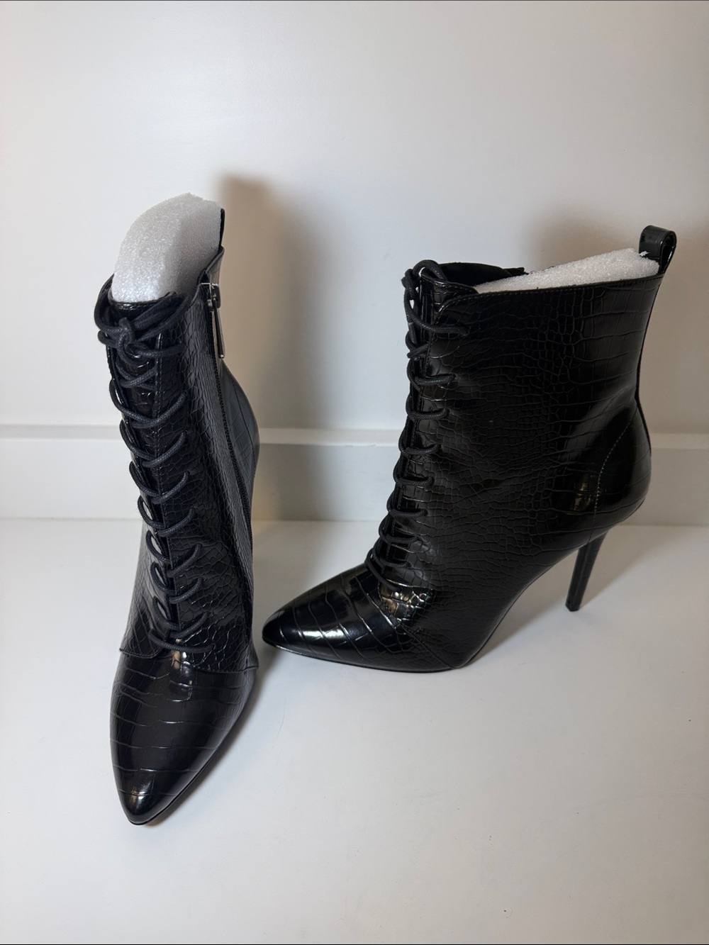 Charles Black Croc-Textured Lace-Up Ankle Boots - Size 9.5